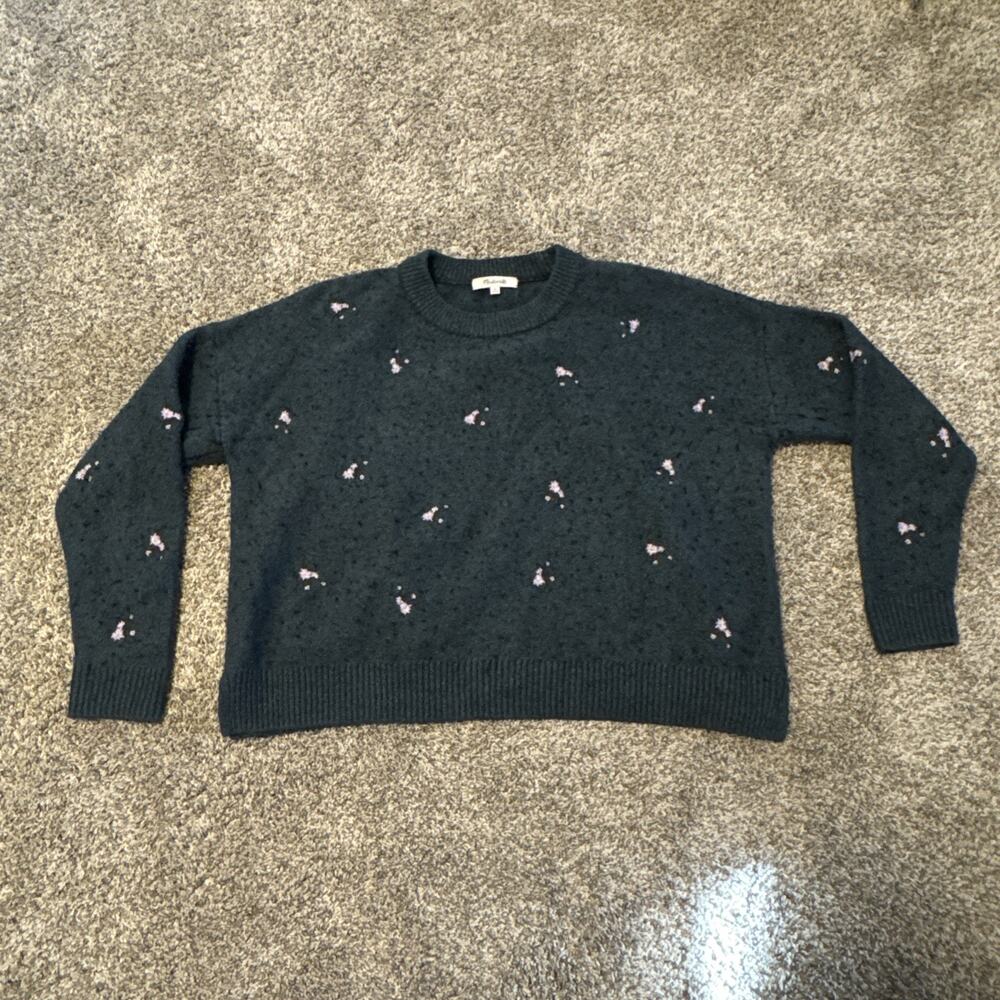 Madewell Womens Heathered Spruce Cross Stitch Floral Textured Boxy Sweater M